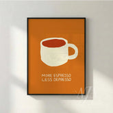 Wood framed espresso poster standing on a kitchen counter next to white mugs and pine decor.