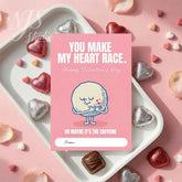 Funny coffee Valentine card with illustrated coffee cup, heart chocolates, and NJS Studio branding