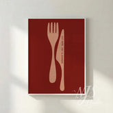 Minimalist red kitchen poster featuring a fork and knife silhouette with the text Eat Here Diet Elsewhere.