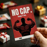 Hand holding NJS Studio Valentine card with 'NO CAP' meme and flexing cartoon bodybuilder.
