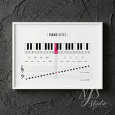 Minimalist piano keys and notes print in white frame on dark textured wall, stylish decor for music studio.