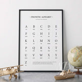 Framed phonetic alphabet poster in kids study room with globe and wooden airplane toys, educational wall art for boys room.