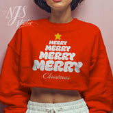 Woman wearing a red cropped sweatshirt with retro wavy Merry Christmas text tree graphic print.