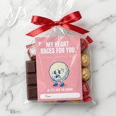 Valentine runner gift bag with chocolates, red ribbon, and humorous card, NJS studio design
