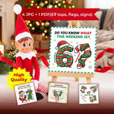 Funny Christmas elf prop setup featuring a viral meme sign Do You Know What This Weekend Is 67 on a mini easel.