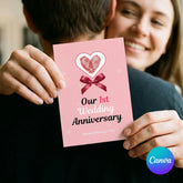 Smiling couple holding a pink 1st wedding anniversary printable card with heart design