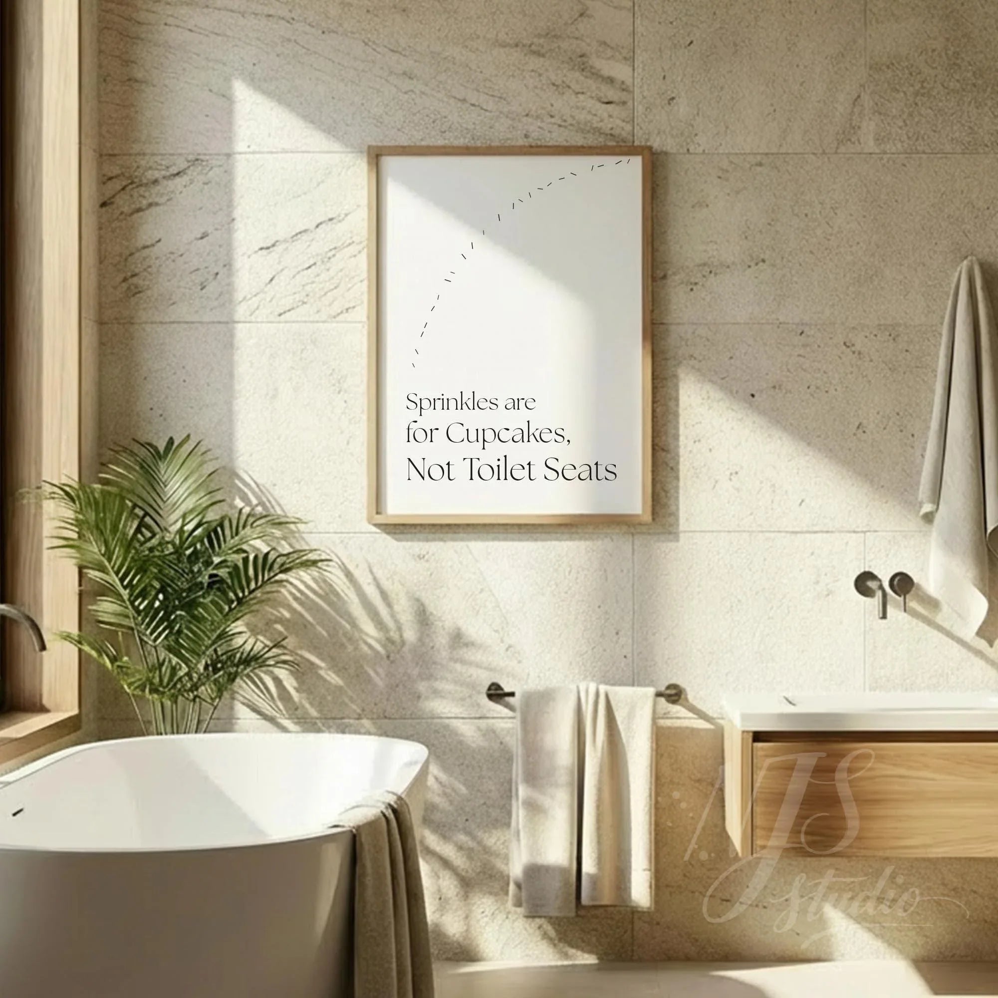 Framed humorous bathroom quote print displayed above a modern bathtub, styled in a bright spa-inspired bathroom interior.
