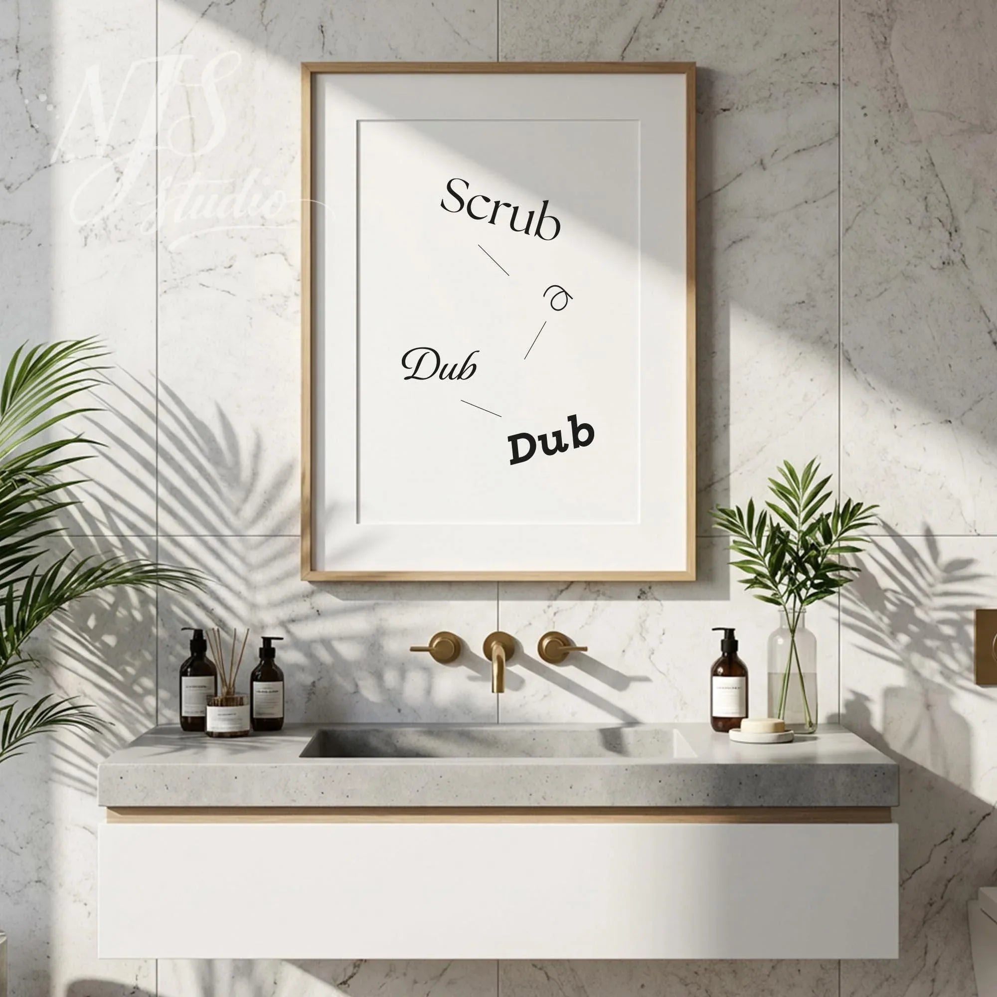 Funny bathroom quote wall art reading “Scrub a Dub Dub,” displayed above a modern vanity with plants and neutral decor.