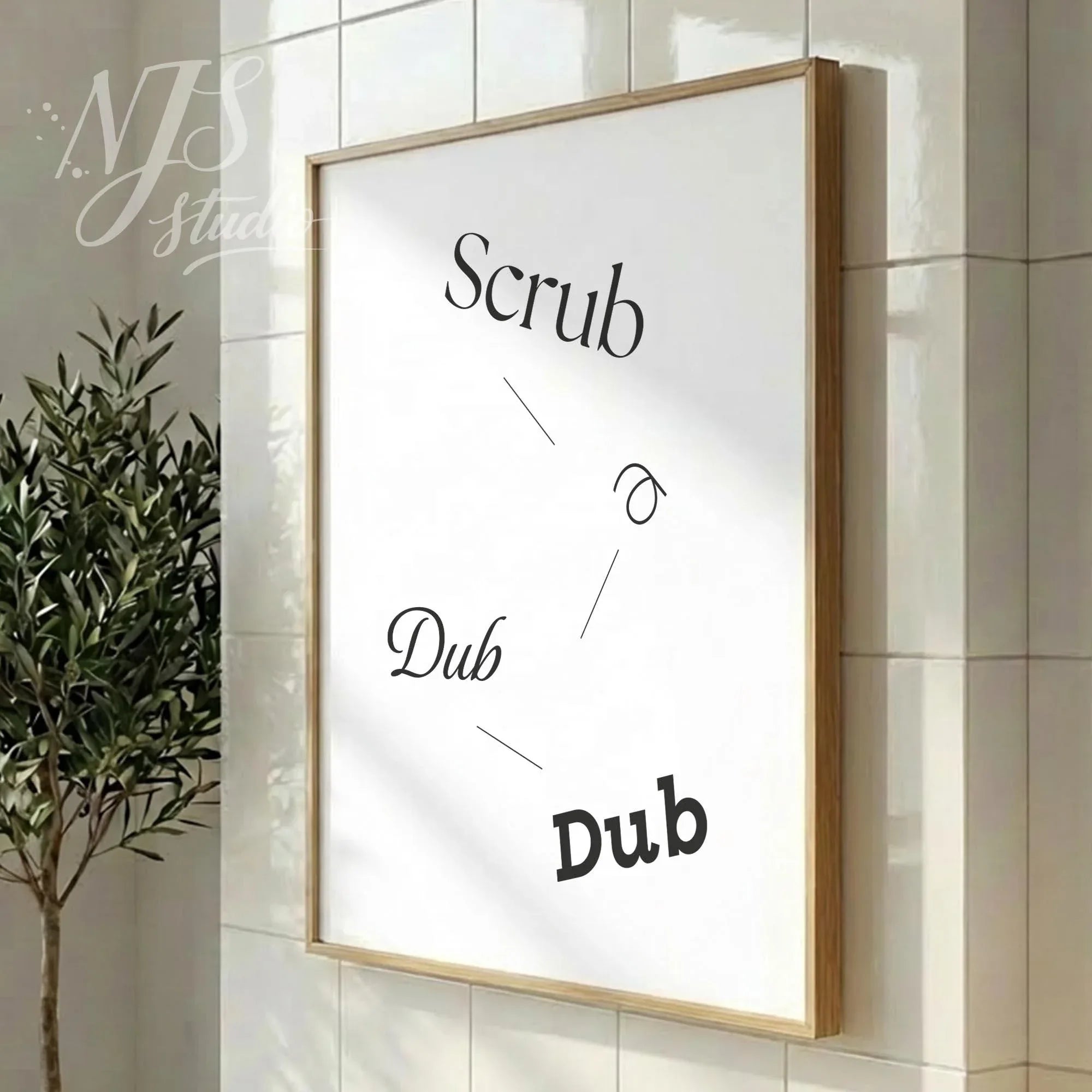 Modern bathroom poster featuring “Scrub a Dub Dub,” styled in a vertical wood frame in a clean contemporary bathroom interior.