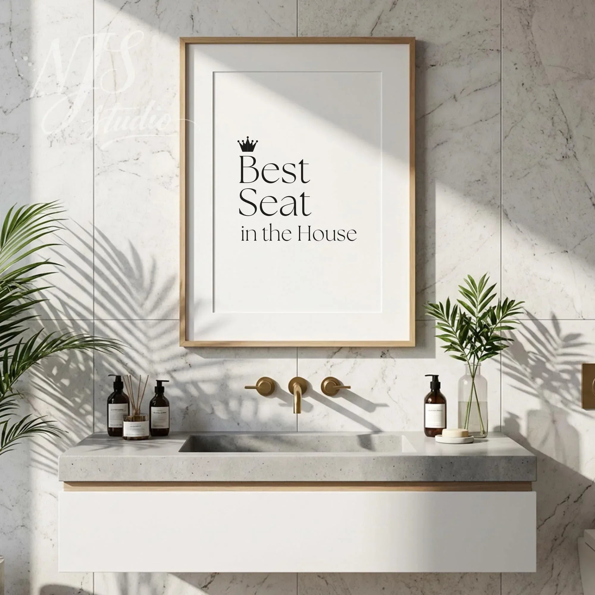 Funny bathroom wall art print featuring “Best Seat in the House,” elegant typography poster styled with natural light and modern bathroom decor.