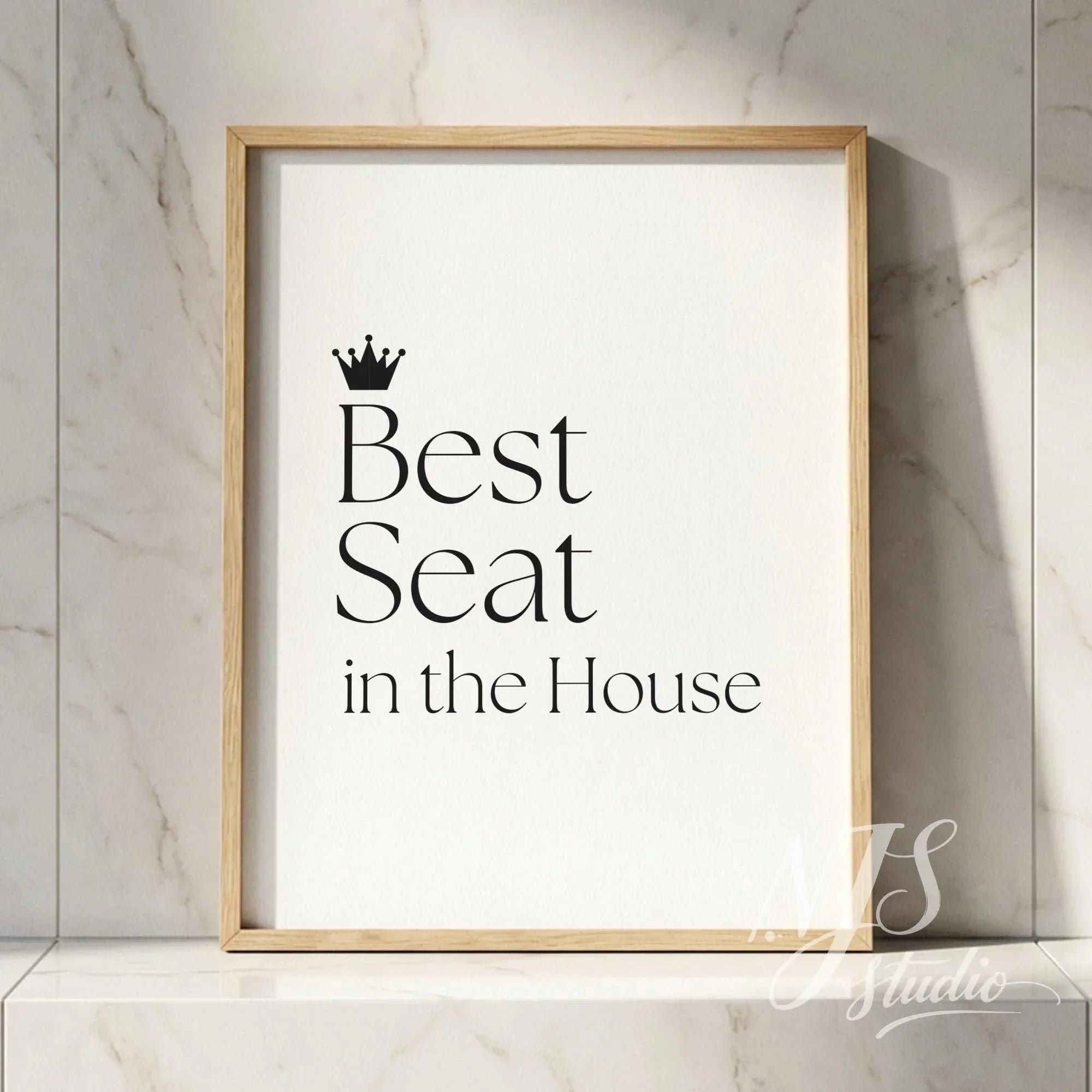 Clean typography poster with the quote “Best Seat in the House,” minimalist black text on white background, framed wall art for bathroom decor.