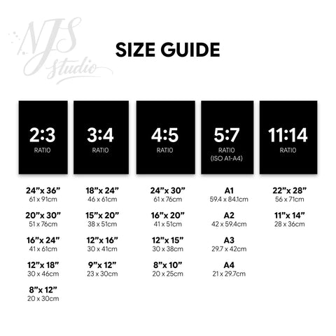 Size guide chart showing vertical aspect ratios 2:3, 3:4, 4:5, ISO, and 11:14 for printing digital wall art.
