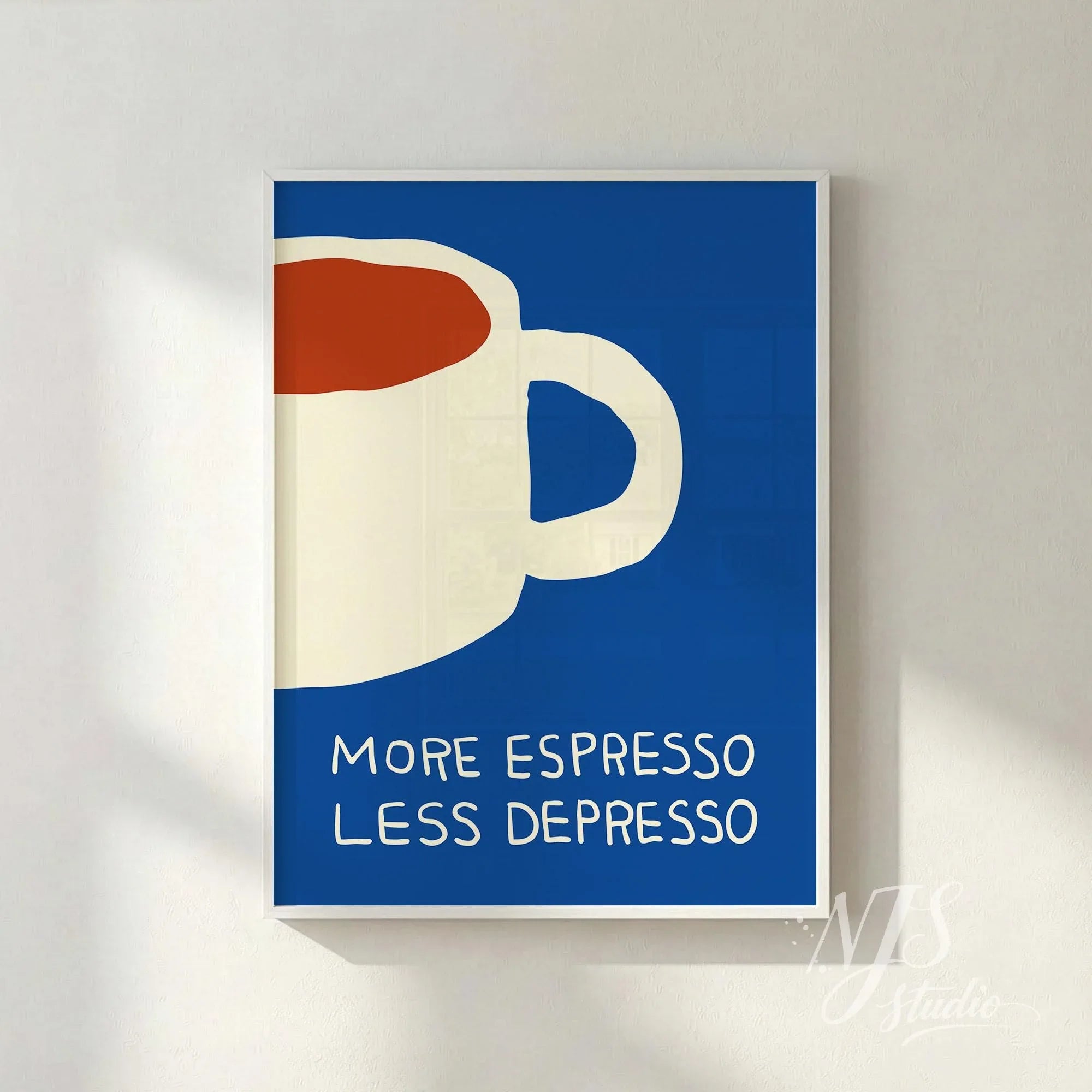 Close up of a bold blue wall art print featuring a cream coffee mug and funny quote.