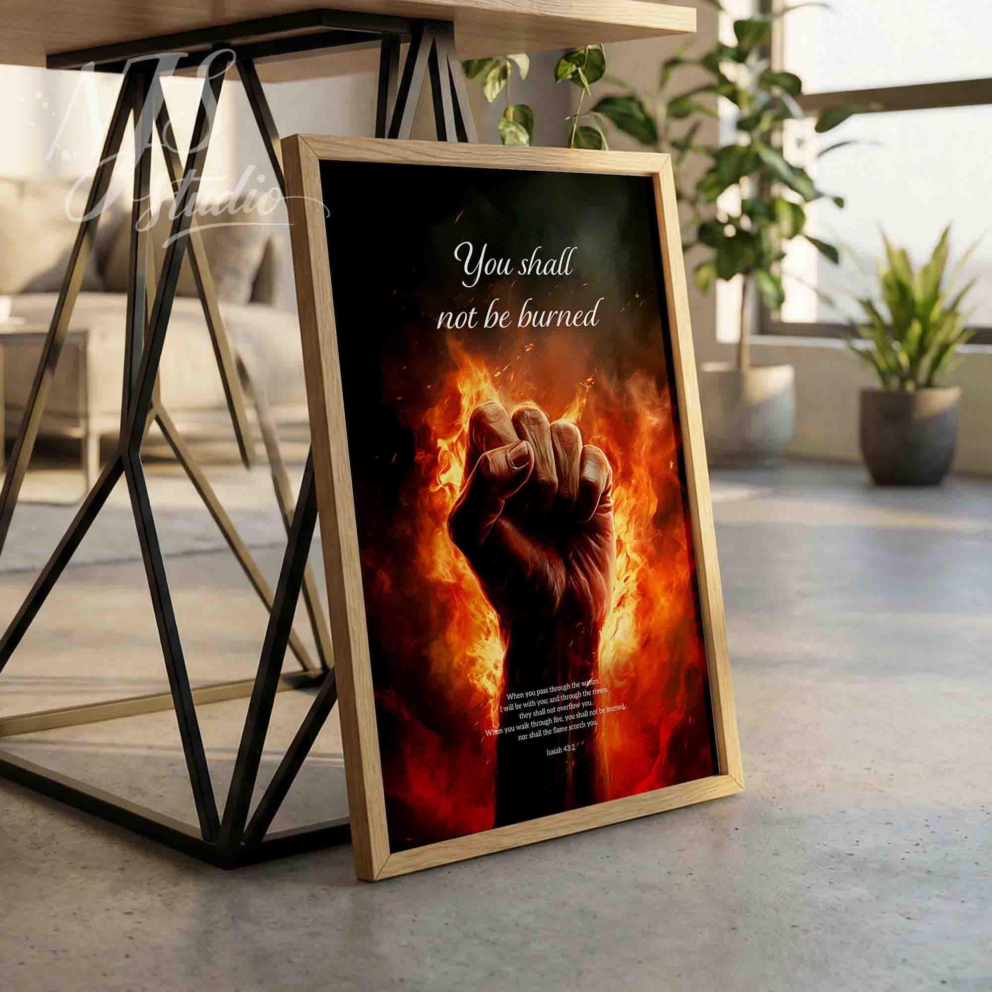 Bold Christian poster art with a burning fist, ideal as a religious gift for men.