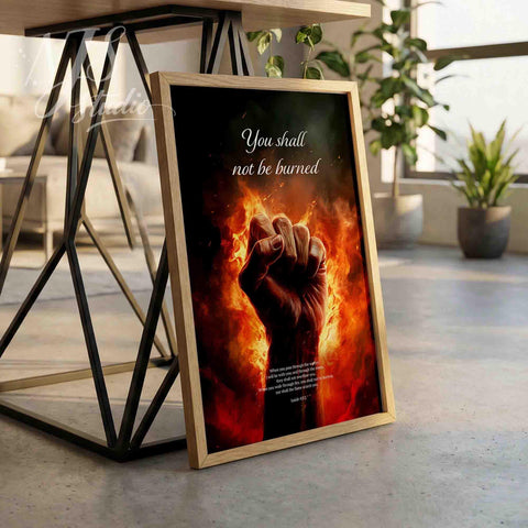 Bold Christian poster art with a burning fist, ideal as a religious gift for men.