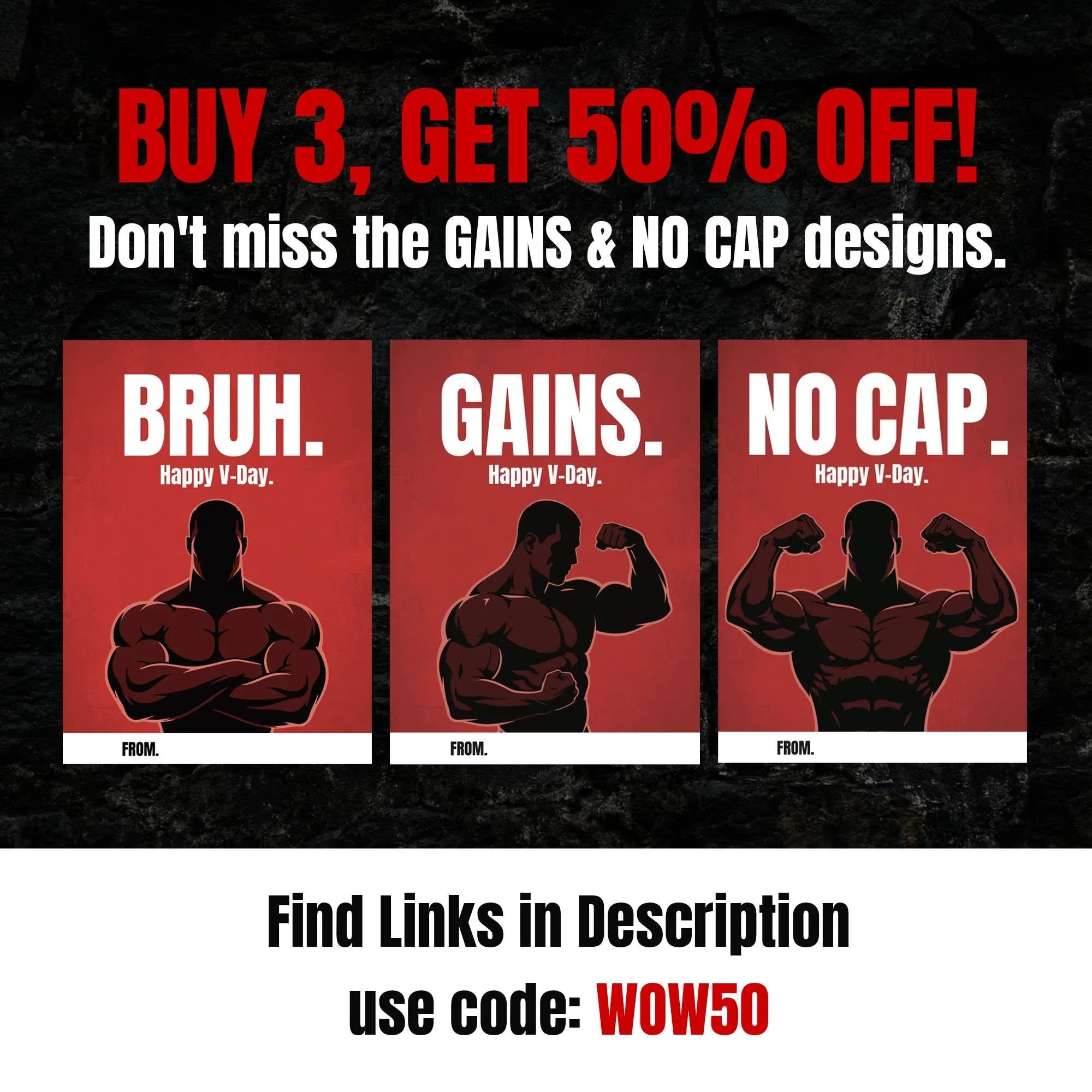 NJS studio Valentine bundle promo with muscular silhouette cards reading BRUH, GAINS, NO CAP, discount offer