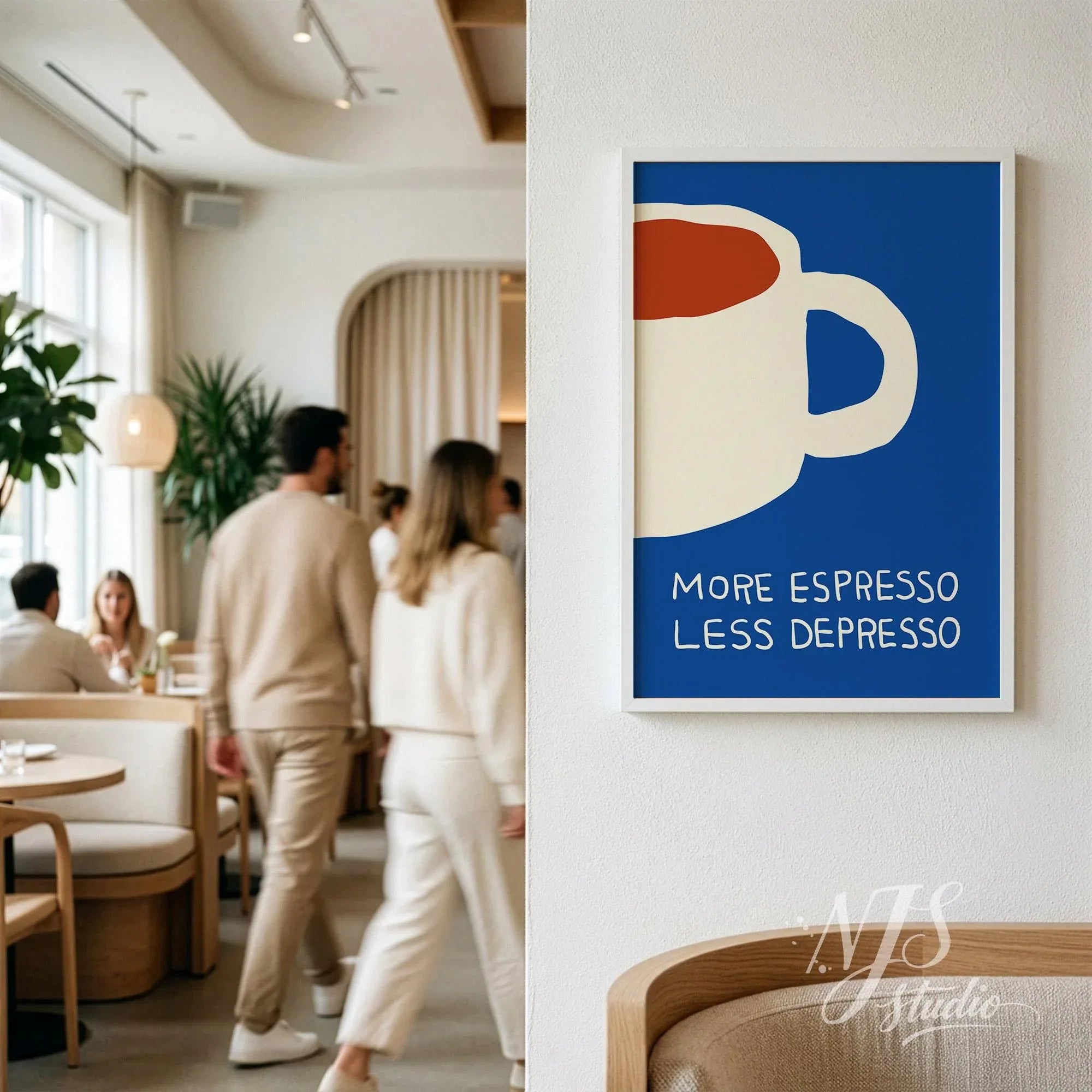 A blue More Espresso Less Depresso poster hanging on a white brick wall inside a coffee shop.