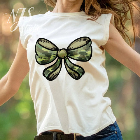 Sleeveless white shirt worn outdoors featuring a green camouflage bow graphic centered on the chest