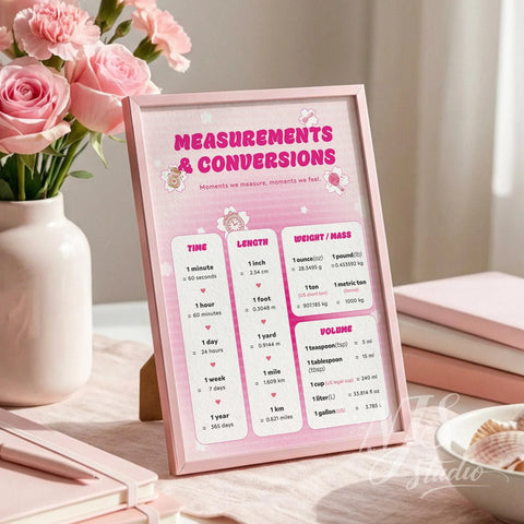Close up of pink measurement chart showing time length and weight conversions with cute cherry blossom icons.