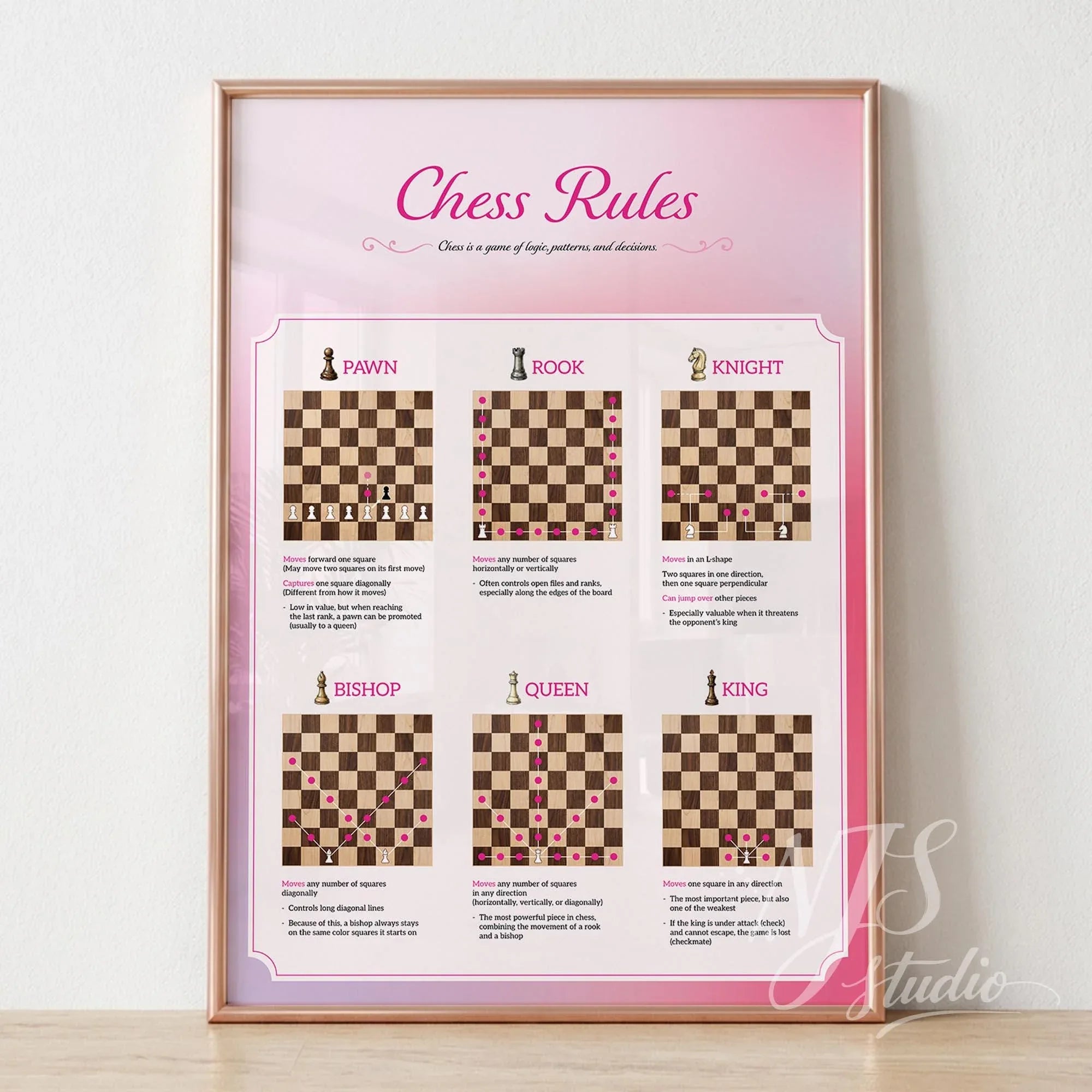 Chess rules poster with gold frame on floor, pink gradient, NJS studio creative décor