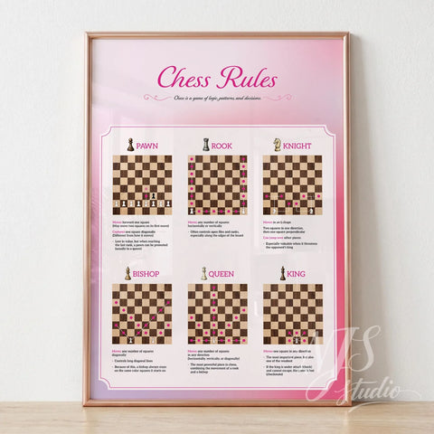 Chess rules poster with gold frame on floor, pink gradient, NJS studio creative décor