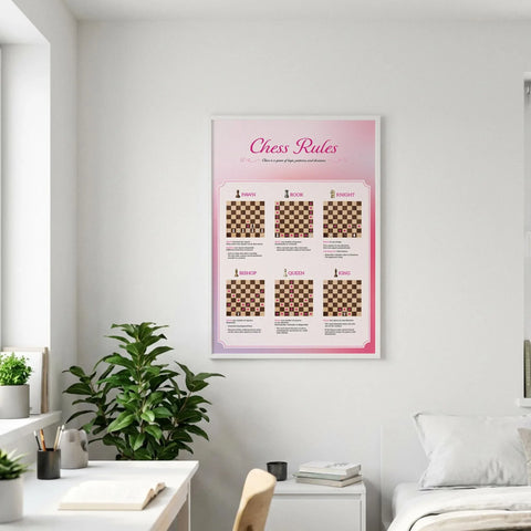 Chess rules poster with game piece guides hanging in modern study room, NJS studio style