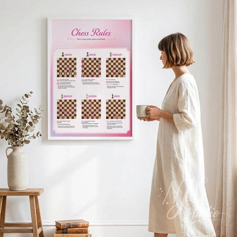 Woman holding mug viewing chess rules poster in modern home, NJS Studio decor