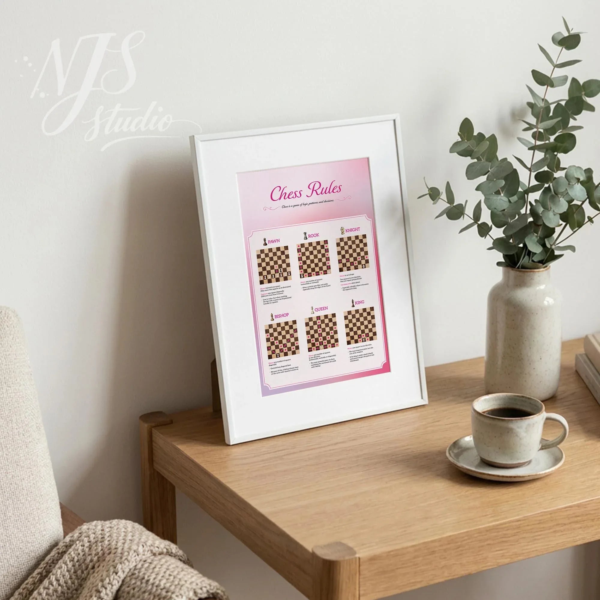 Framed chess rules print on tabletop with coffee cup and vase, NJS studio creative decor