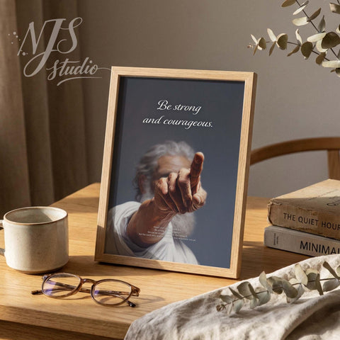 Christian desk decor Joshua 1:9 print. Wood framed bible verse art "Be strong and courageous" for office motivation.