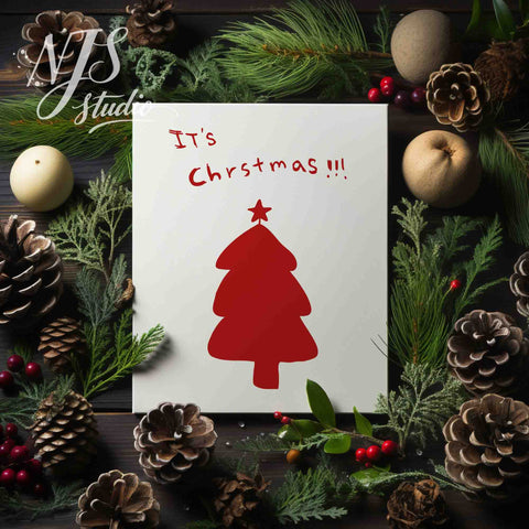 Holiday flatlay featuring pinecones and greenery surrounding a cute hand drawn red Christmas tree print.