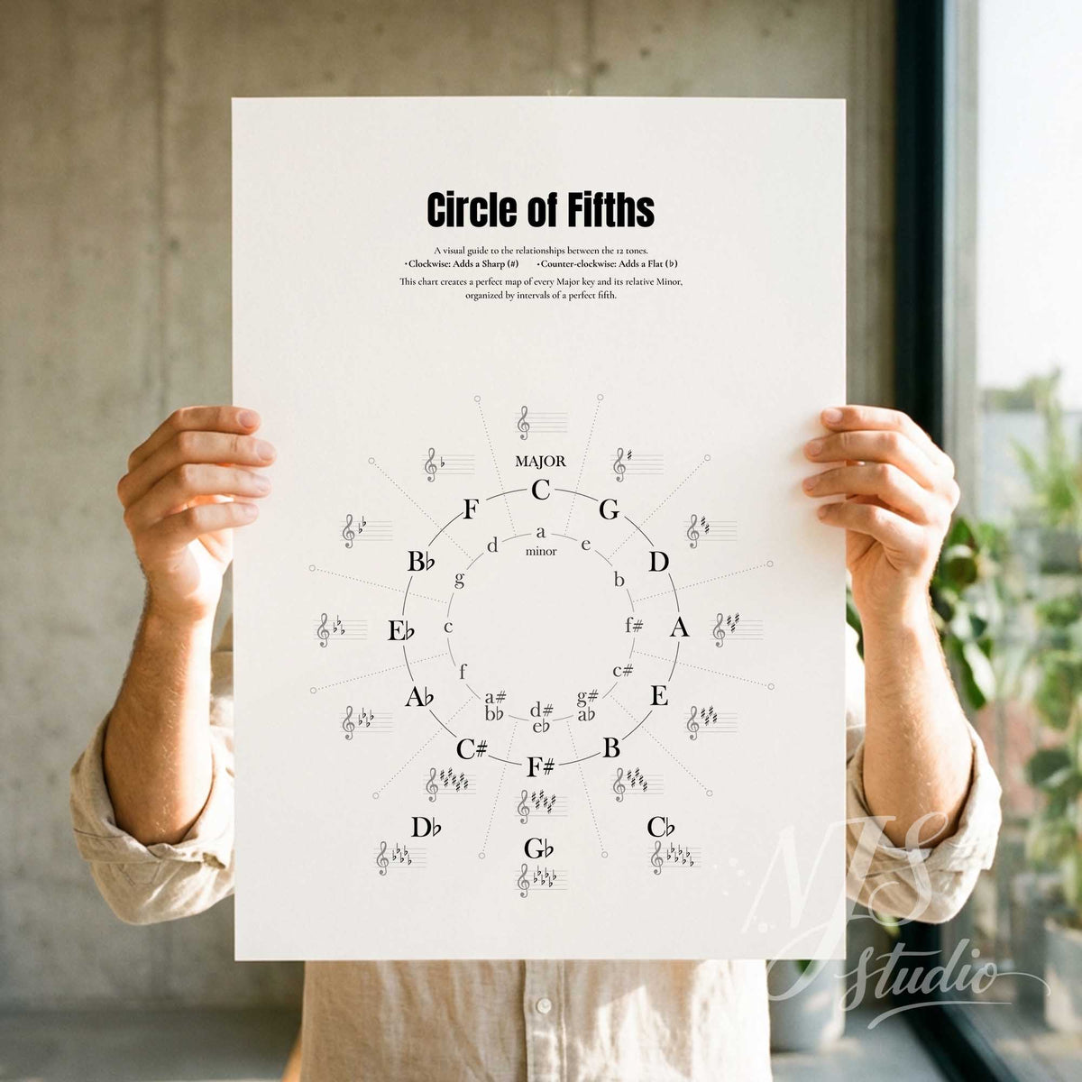 Person holding a 'Circle of Fifths' music theory poster in a room with plants.