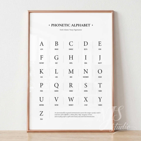 Elegant rose gold framed phonetic alphabet typography print, educational art for modern home styling.