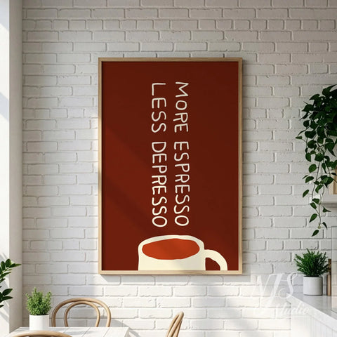 Close up of a vintage style brown kitchen print with typography and coffee mug illustration.