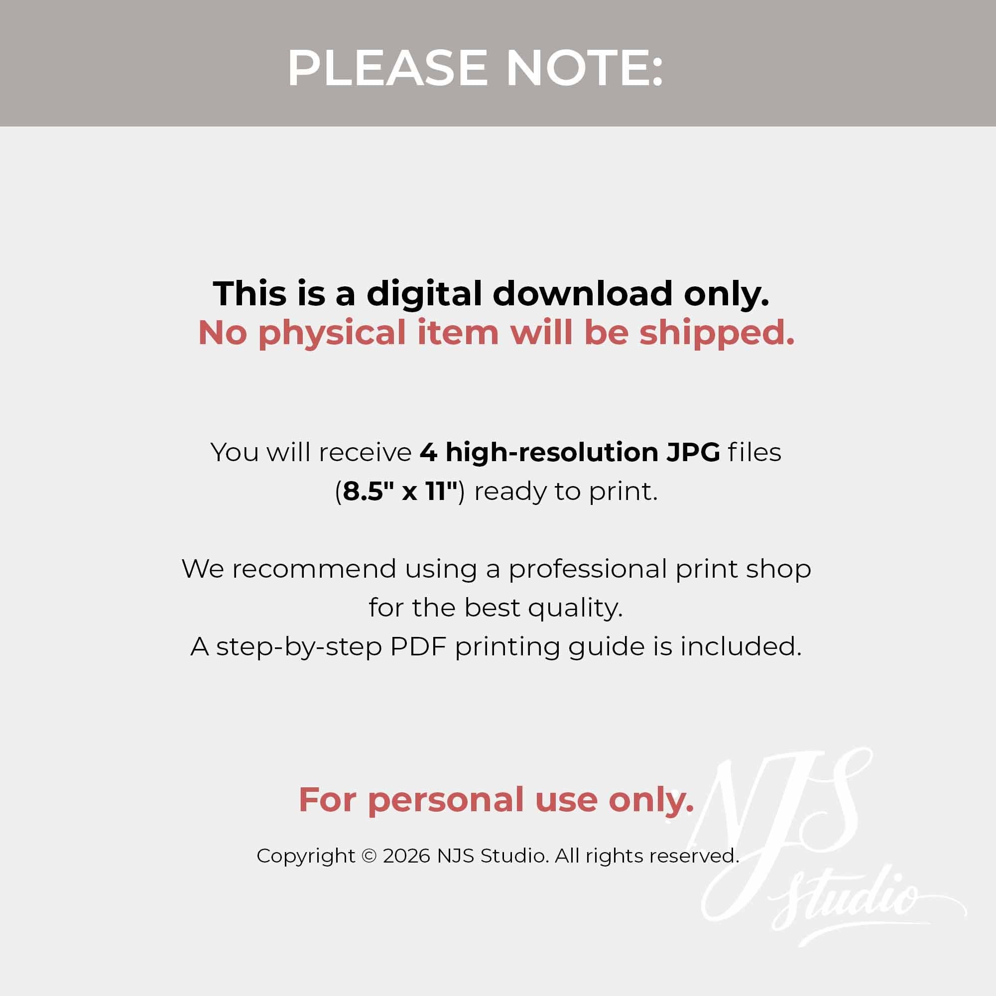 Important shop notice stating digital download only, includes 4 high resolution 8.5x11 inch JPG files for personal use.