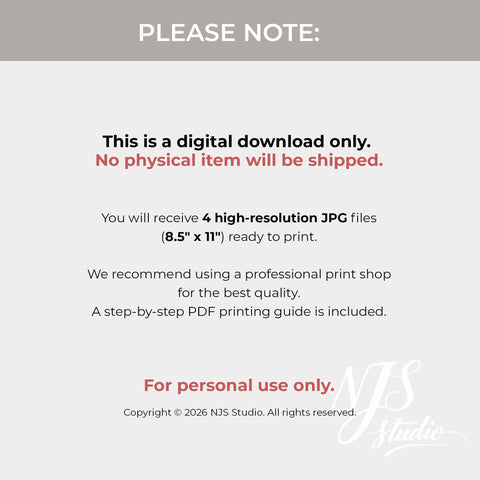 Important shop notice stating digital download only, includes 4 high resolution 8.5x11 inch JPG files for personal use.