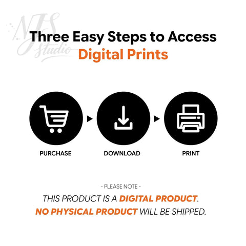 NJS studio digital prints guide showing purchase, download, and print steps, no physical item.