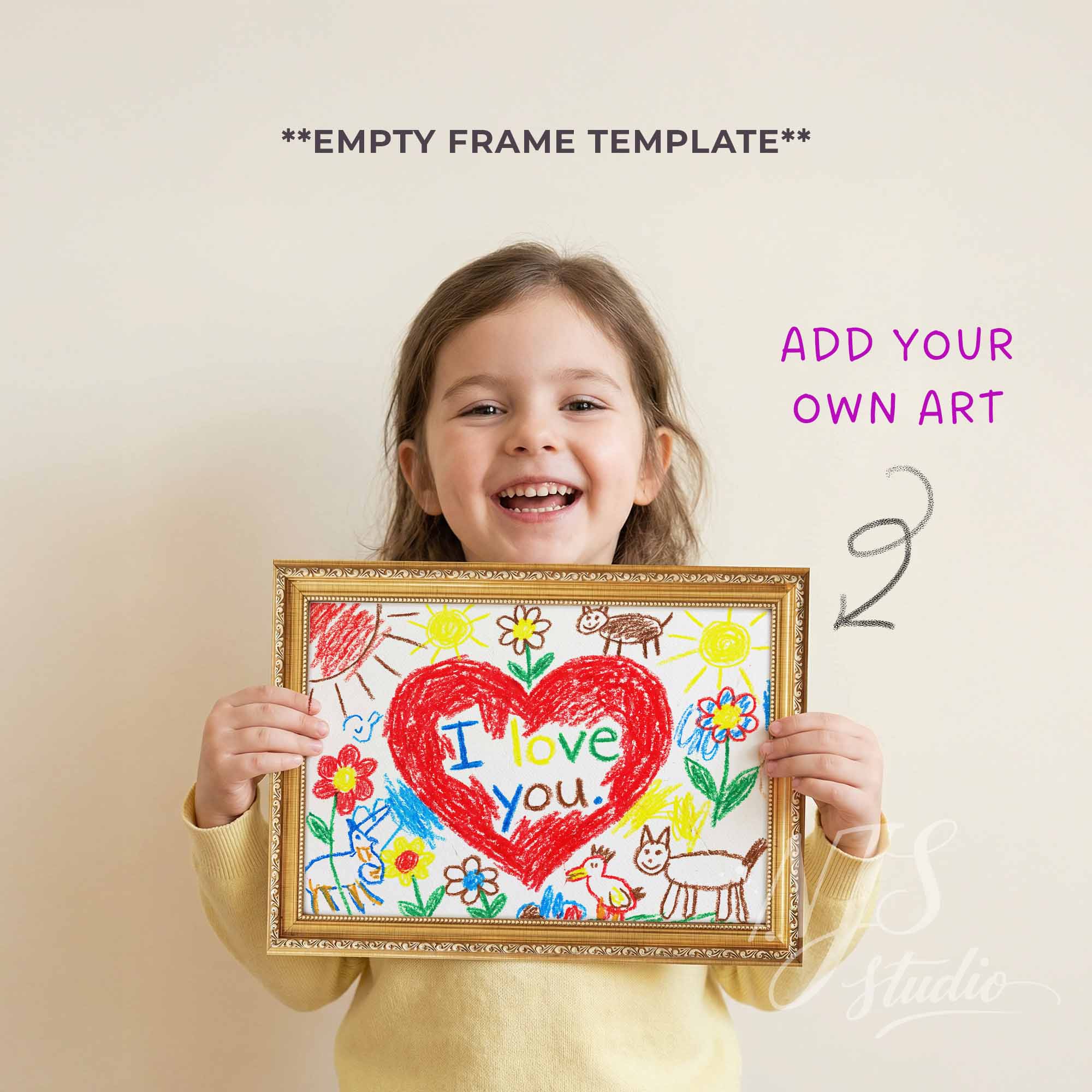 Child holding a frame with a colorful drawing of a heart and text, with text overlay indicating it's an empty frame template.