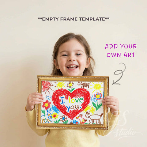 Child holding a frame with a colorful drawing of a heart and text, with text overlay indicating it's an empty frame template.