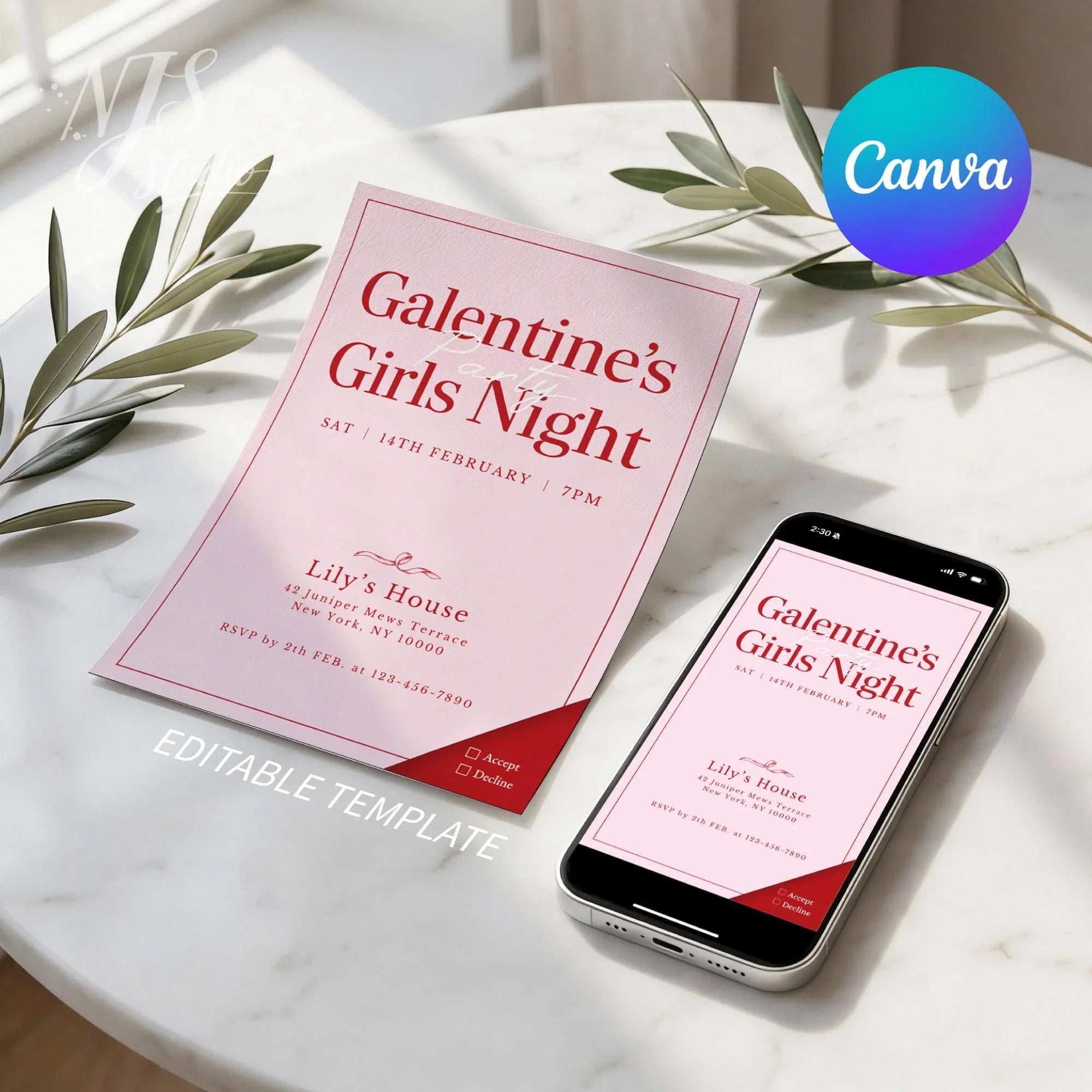 Editable Canva Galentine's Girls Night invitation template on phone and paper by NJS studio.