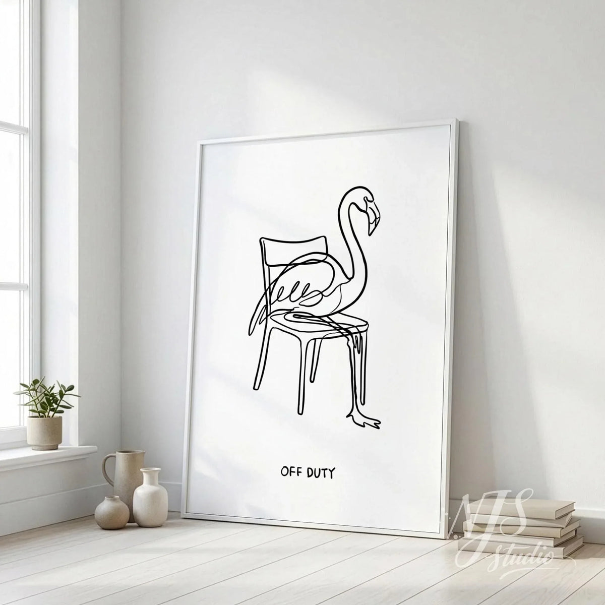 Large flamingo line art wall poster with Off Duty quote leaning on floor in bright minimalist living room interior