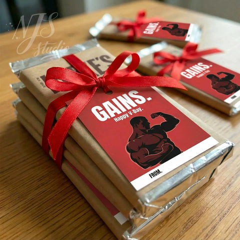 Fitness-themed chocolate bars with gift tags, red bows, and muscle graphic by NJS studio.