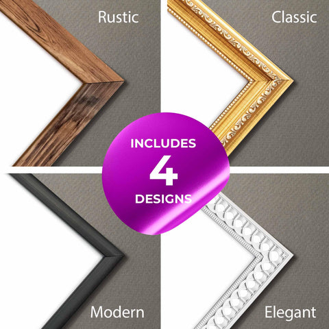 Detail shot of 4 printable frame designs included: Rustic Wood, Classic Gold, Modern Black, and Elegant Silver styles.