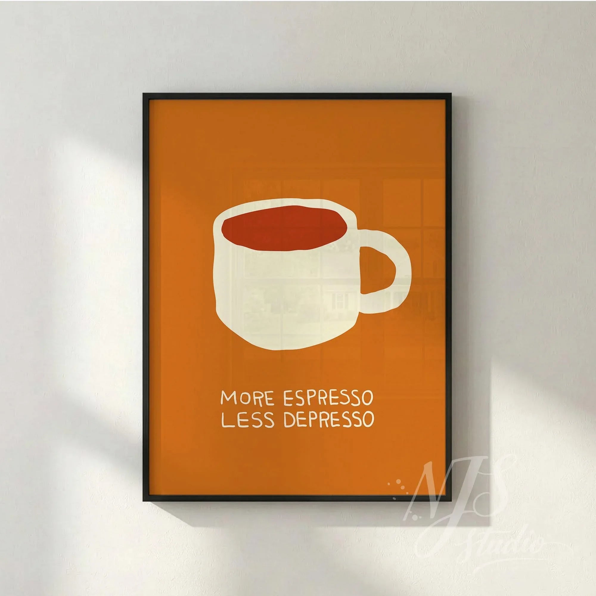 Wood framed espresso poster standing on a kitchen counter next to white mugs and pine decor.