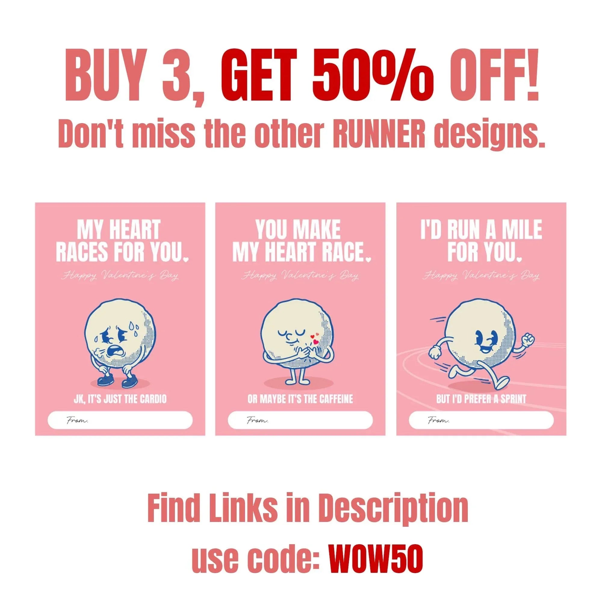 Funny runner-themed Valentine's Day card promo from NJS studio with cartoon hearts and discount offer.