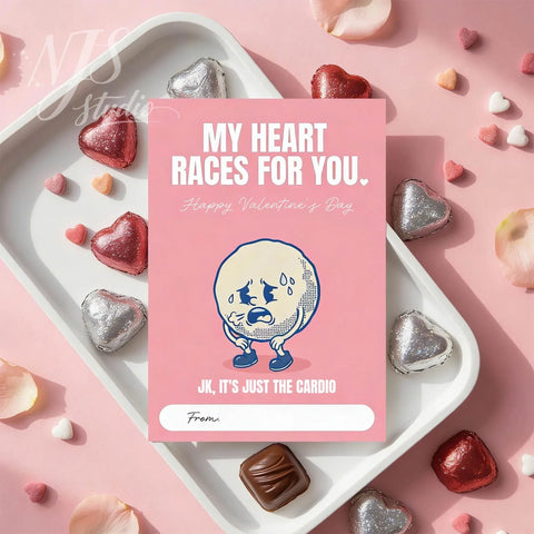 Funny runner Valentine’s Day card with cartoon heart and chocolates, flat lay by NJS studio