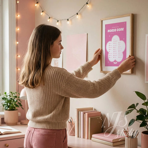 Teen girl hanging a wood framed pink Morse code poster with a flower design on a bedroom wall.