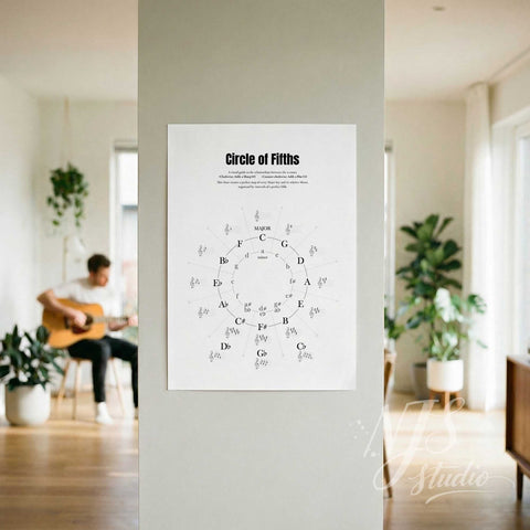 Poster of the Circle of Fifths on a wall in a room with a person playing guitar.