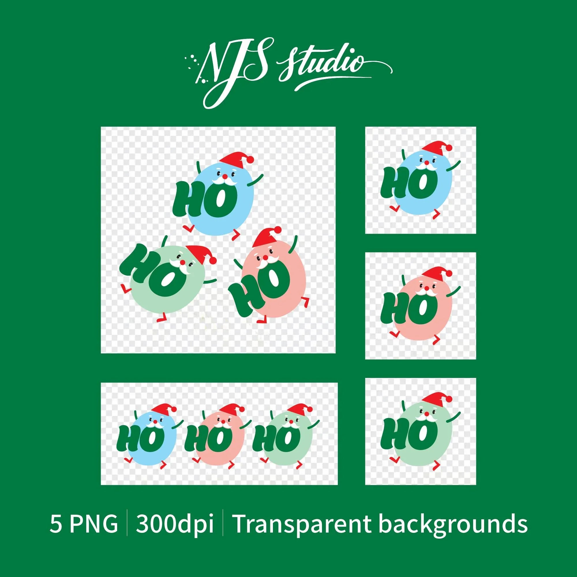 Set of 5 transparent PNG files showing individual and grouped cute Santa characters for sublimation.