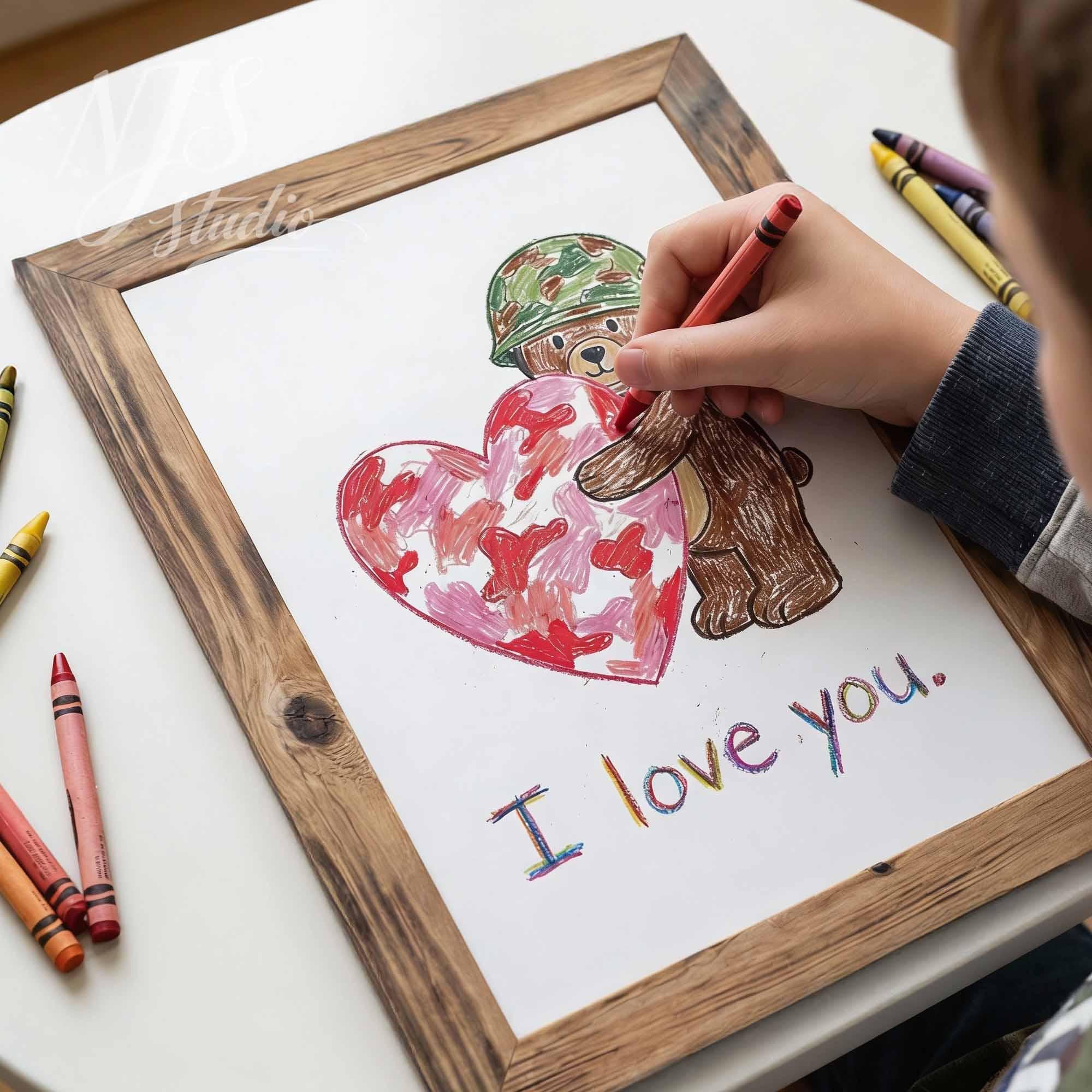 Close up of childs hand coloring a heart drawing inside a printed rustic wood frame, fun creative activity for toddlers.