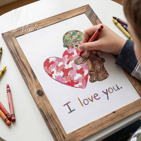 Close up of childs hand coloring a heart drawing inside a printed rustic wood frame, fun creative activity for toddlers.